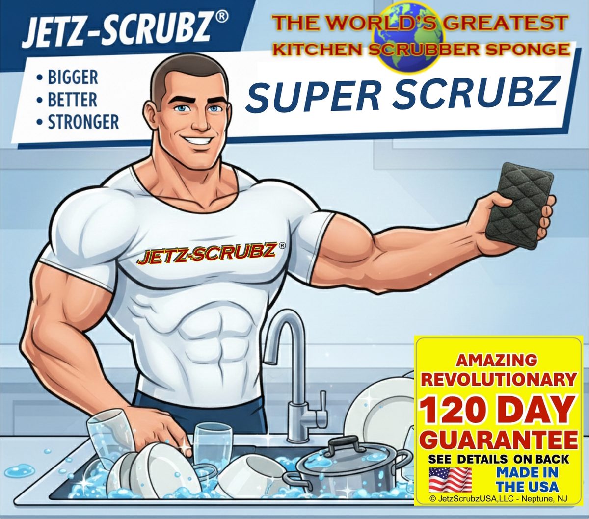 Super Scrubz product with packaging and 120 day guarantee tag